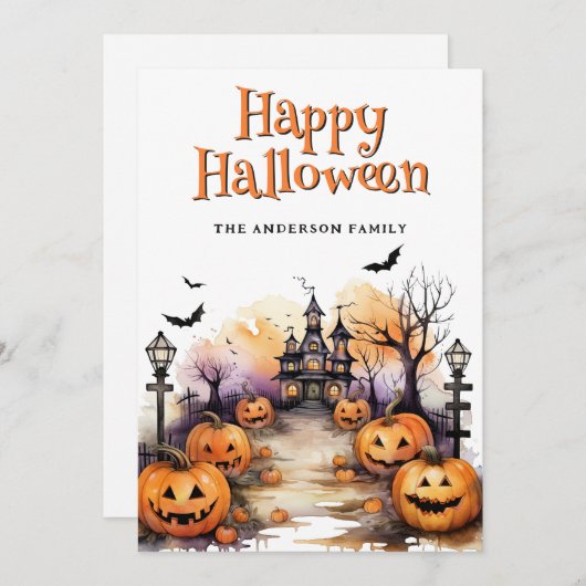 Haunted Mansion Bat Jack O'Lanterns Halloween Kaar Feestdagenkaart (Voorkant / Achterkant)