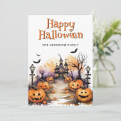 Haunted Mansion Bat Jack O'Lanterns Halloween Kaar Feestdagenkaart (Staand voorkant)