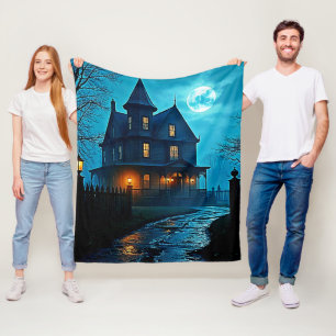 Haunted Mansion Blauw Maanlicht Nacht Ontwerp Fleece Deken