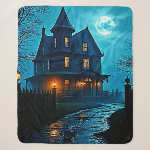 Haunted Mansion Blauw Maanlicht Nacht Ontwerp Sherpa Deken