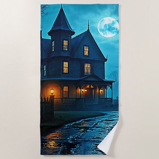 Haunted Mansion Blauwe Maneschijn Nacht Design Strandlaken (Voorkant)