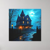 Haunted Mansion Blue Moonlight Night Design Canvas Afdruk (Voorkant)