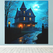 Haunted Mansion Blue Moonlight Night Design Canvas Afdruk (Insitu (Houten vloer))