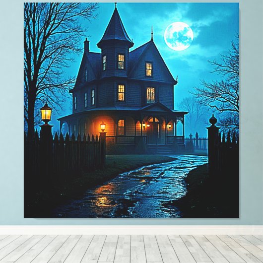 Haunted Mansion Blue Moonlight Night Design Canvas Afdruk (Insitu (Houten vloer))