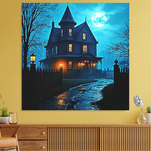 Haunted Mansion Blue Moonlight Night Design Canvas Afdruk (Insitu (Woonkamer))