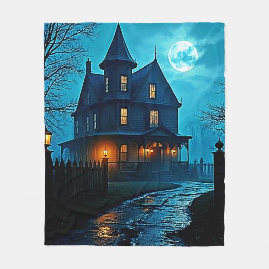 Haunted Mansion Blue Moonlight Night Design Fleece Deken (Voorkant)