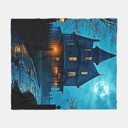 Haunted Mansion Blue Moonlight Night Design Fleece Deken (Voorkant (Horizontaal))