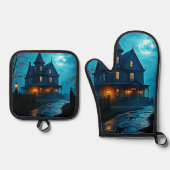 Haunted Mansion Blue Moonlight Night Design Ovenwant & Pannenlap Set (Voorkant)