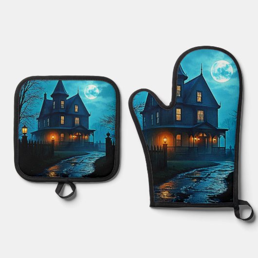 Haunted Mansion Blue Moonlight Night Design Ovenwant & Pannenlap Set (Voorkant)