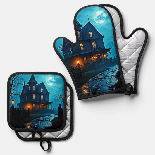 Haunted Mansion Blue Moonlight Night Design Ovenwant & Pannenlap Set (Voorkant / Achterkant)