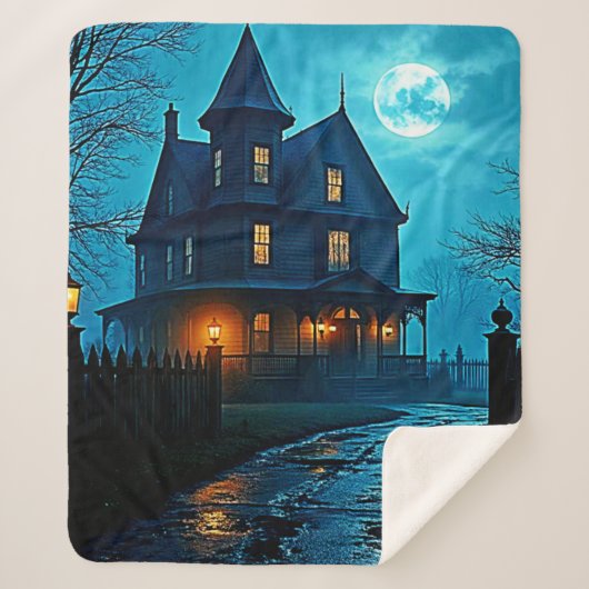 Haunted Mansion Blue Moonlight Night Design Sherpa Deken (Voorkant)