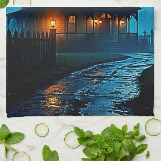 Haunted Mansion Blue Moonlight Night Design Theedoek (Gevouwen)