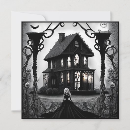 Haunted Mansion en Gotische Vrouw Halloween Kaart (Voorkant)