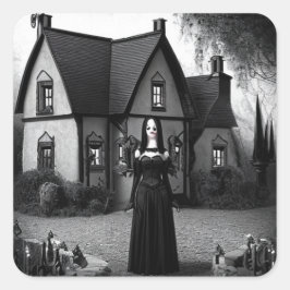 Haunted Mansion en Gotische Vrouw Vierkante Sticker