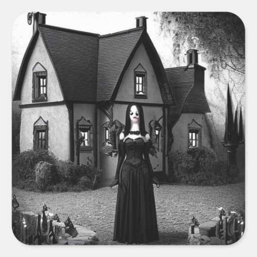 Haunted Mansion en Gotische Vrouw Vierkante Sticker (Voorkant)