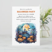 Haunted Mansion Moon Bats Pumpkins Halloween Party Kaart (Staand voorkant)