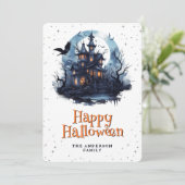 Haunted Mansion Raven Bats Moon Happy Halloween Feestdagenkaart (Staand voorkant)