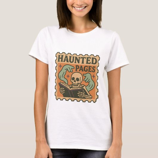 Haunted Pages T-shirt – Gothic Academia Skeleton (Voorkant)