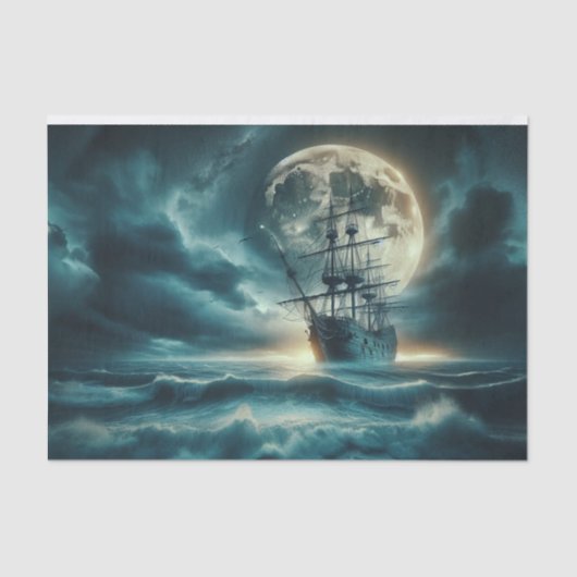 Haunted Pirate Ship Moonlit Stormy Zeeen Decoupage Tissuepapier (Voorkant)