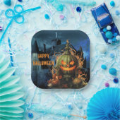 Haunted Pumpkin en Mansion Halloween Papieren Bordje (Feest)