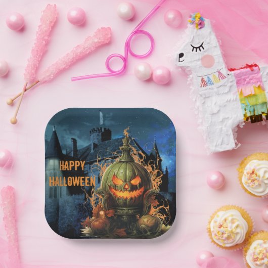 Haunted Pumpkin en Mansion Halloween Papieren Bordje (Feest)
