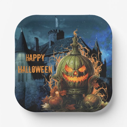 Haunted Pumpkin en Mansion Halloween Papieren Bordje (Voorkant)