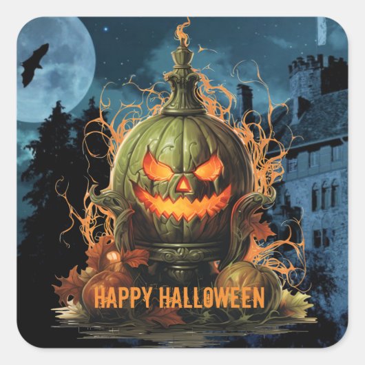 Haunted Pumpkin en Mansion Halloween Vierkante Sticker (Voorkant)