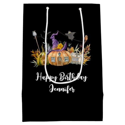 Haunted Pumpkin House met Ghost & Bats Birthday Medium Cadeauzakje (Achterkant)