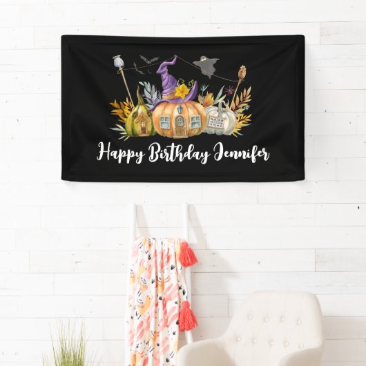 Haunted Pumpkin House met Ghost & Bats Birthday Spandoek (Insitu)