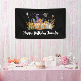Haunted Pumpkin House met Ghost & Bats Birthday Spandoek