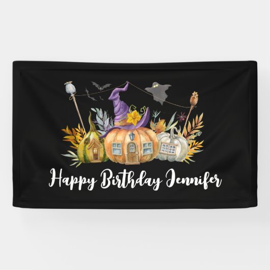 Haunted Pumpkin House met Ghost & Bats Birthday Spandoek (Horizontaal)