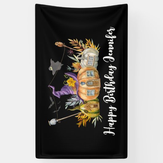 Haunted Pumpkin House met Ghost & Bats Birthday Spandoek (Verticaal)
