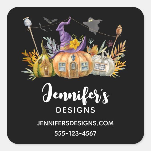 Haunted Pumpkin House met Ghost & Bats Business Vierkante Sticker (Voorkant)