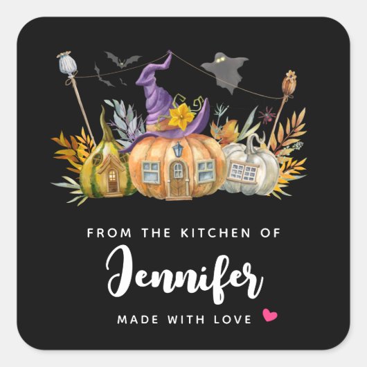 Haunted Pumpkin House met Ghost & Bats Kitchen Vierkante Sticker (Voorkant)