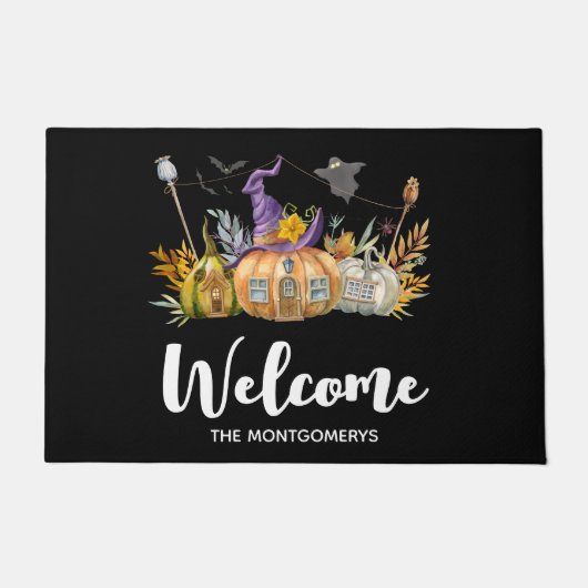 Haunted Pumpkin House met Ghost & Bats Welcome Deurmat (Voorkant)