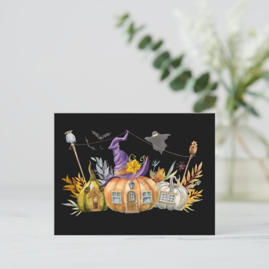 Haunted Pumpkin House met Ghost en Bats Briefkaart (Staand voorkant)