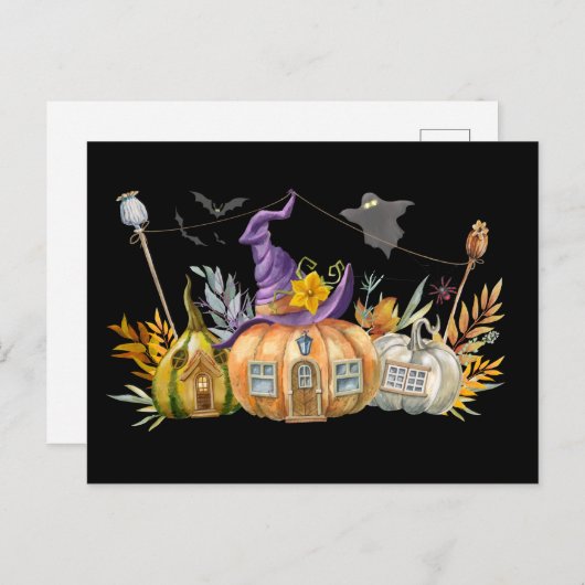 Haunted Pumpkin House met Ghost en Bats Briefkaart (Voorkant / Achterkant)