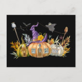 Haunted Pumpkin House met Ghost en Bats Briefkaart (Voorkant)