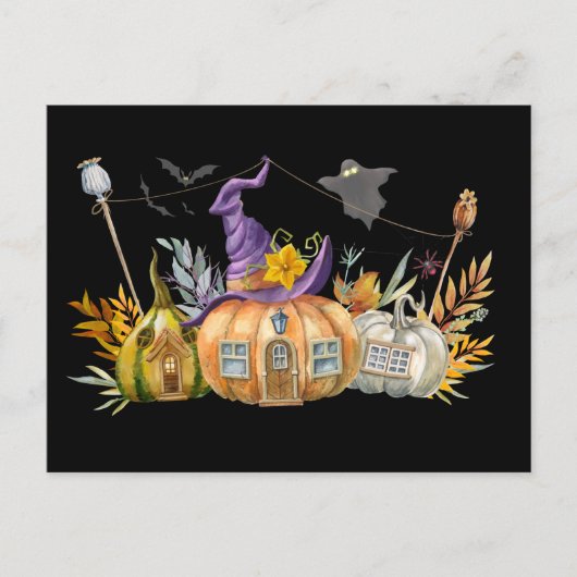Haunted Pumpkin House met Ghost en Bats Briefkaart (Voorkant)