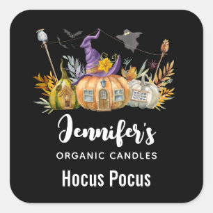 Haunted Pumpkin House met Ghost en Bats Candle Biz Vierkante Sticker
