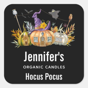 Haunted Pumpkin House met Ghost en Bats Candle Biz Vierkante Sticker