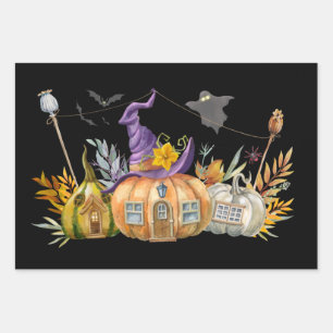 Haunted Pumpkin House met Ghost en Bats Inpakpapier Vel