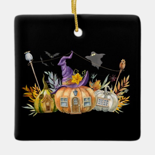 Haunted Pumpkin House met Ghost en Bats Keramisch Ornament (Voorkant)
