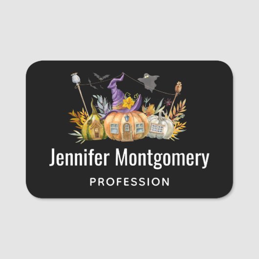 Haunted Pumpkin House met Ghost en Bats Naamplaatje (Voorkant)