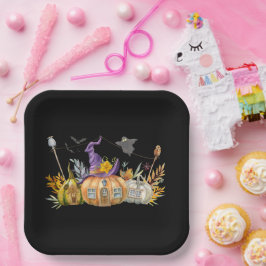 Haunted Pumpkin House met Ghost en Bats Papieren Bordje