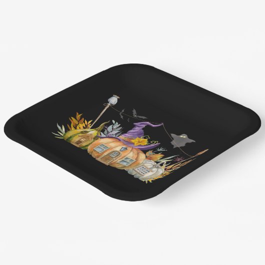 Haunted Pumpkin House met Ghost en Bats Papieren Bordje (Gebogen)