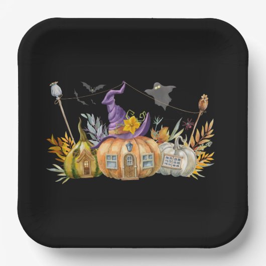 Haunted Pumpkin House met Ghost en Bats Papieren Bordje (Voorkant)