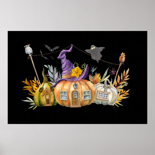Haunted Pumpkin House met Ghost en Bats Poster (Voorkant)