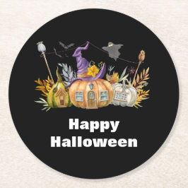Haunted Pumpkin House met Ghost en Bats Ronde Kartonnen Onderzetter