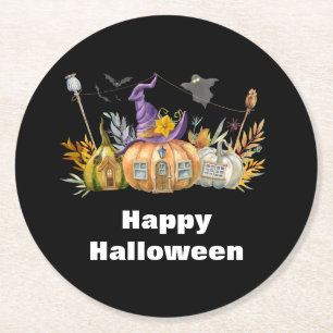 Haunted Pumpkin House met Ghost en Bats Ronde Kartonnen Onderzetter